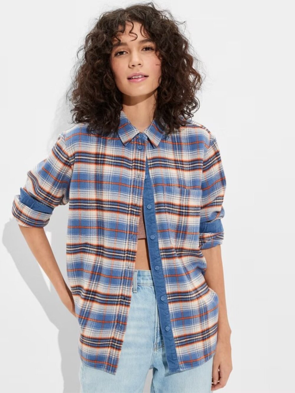 AE‎ Sz L Oversized Striped Button-Up Flannel Shirt Chest Pocket